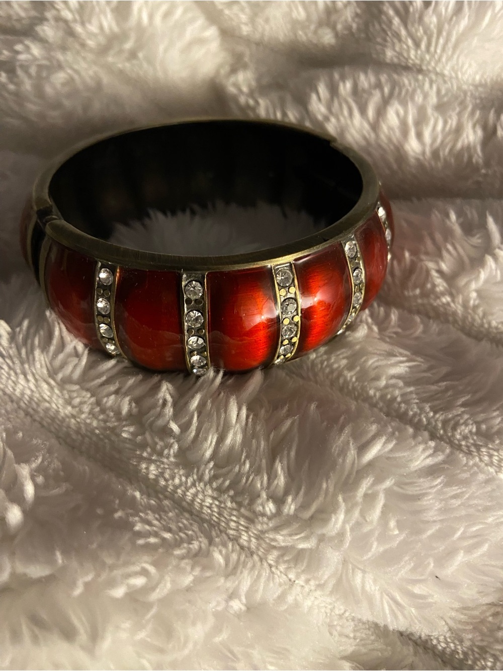 Vintage Red Lucite Rhinestone Hinged Cuff Bracelet Statement Bangle